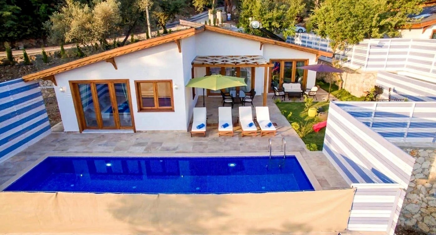 Aerial view of entire villa with private pool, pool house, and manicured garden.